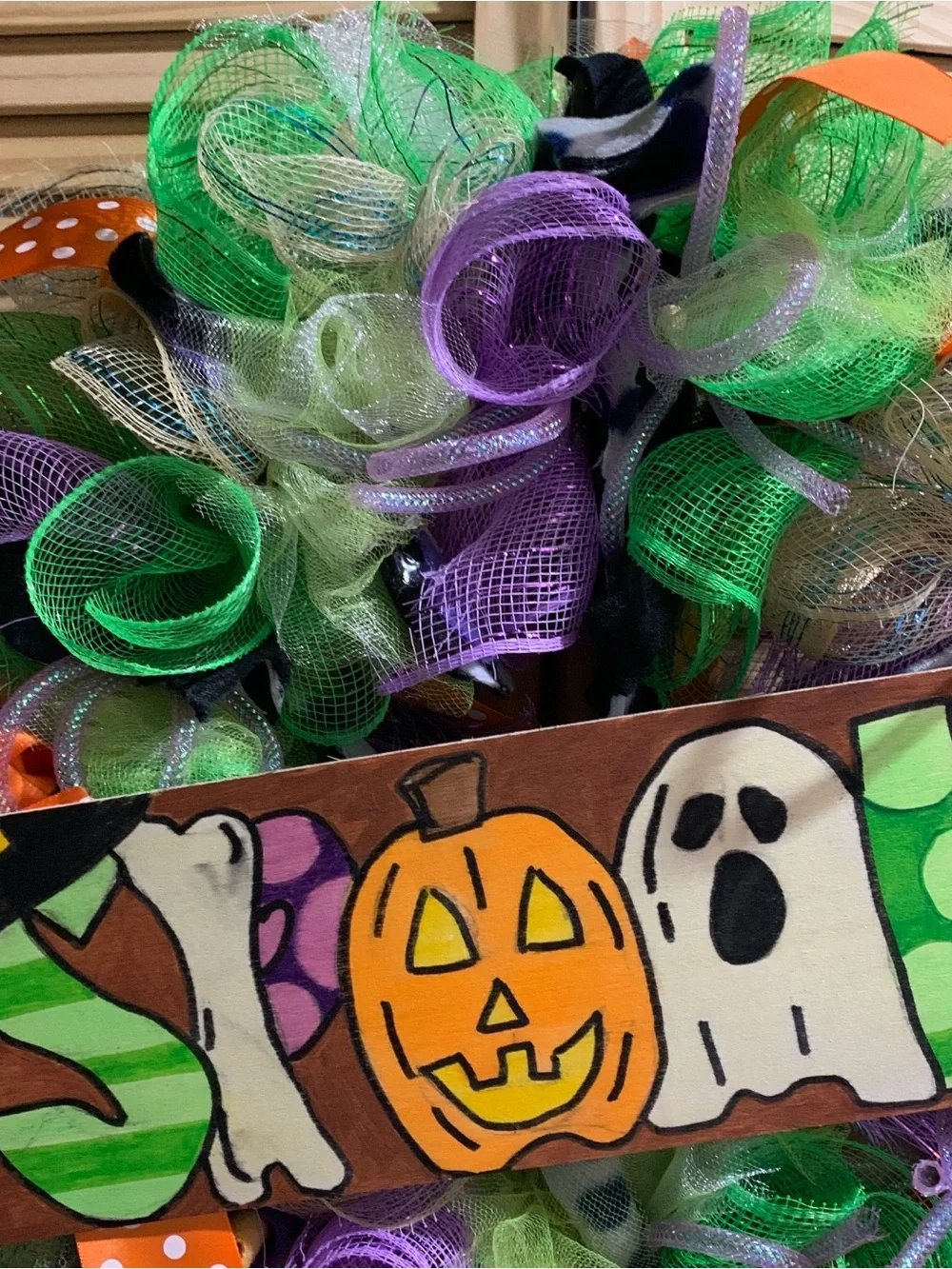 Halloween Deco Mesh Wreath with Green Purple and Orange Accents spooky